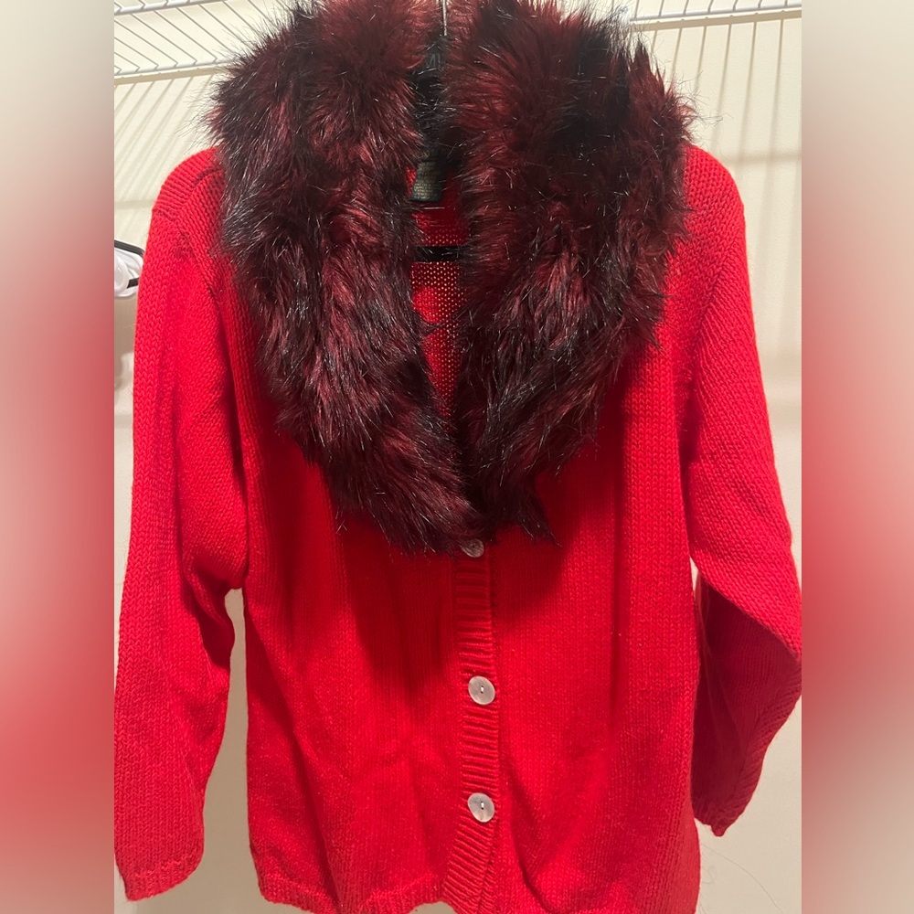 Maxine Marsh Vintage Faux Fox Fur Collar Long Hand-loomed Cardigan Sweater NWT